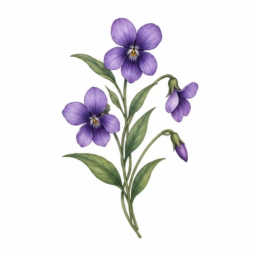 Tattoo design of purple violet flowers with green stems and leaves on white background