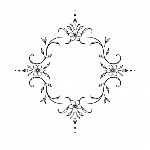 Symmetrical floral frame tattoo with four flowers and swirling leaves in fine black lines