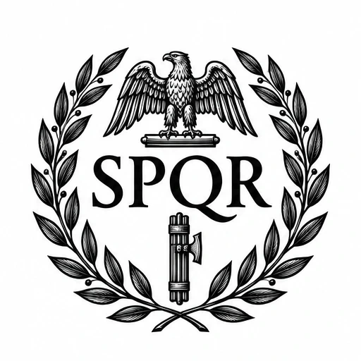 Black and white SPQR emblem with eagle, laurel wreath, and fasces