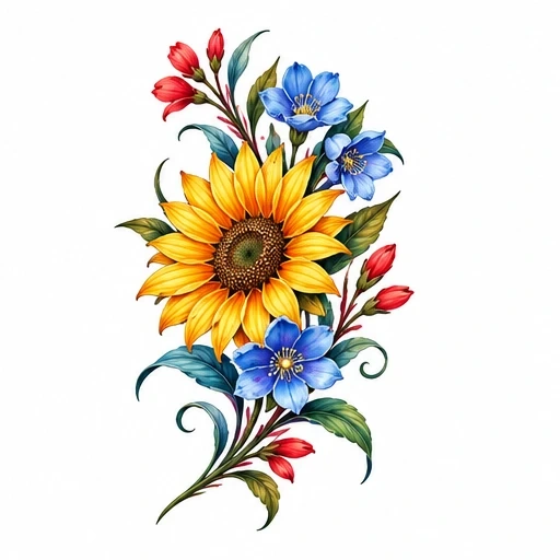Colorful tattoo design of a sunflower with bluebell flowers, red buds, and green leaves.