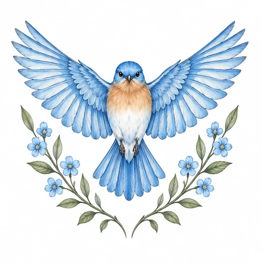 Bluebird with outstretched wings, surrounded by blue flowers and green leaves branches