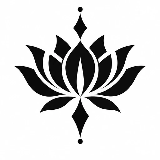 Black lotus flower tattoo design with geometric diamond shapes and dots in solid black ink.