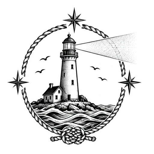 Black and white tattoo of lighthouse on rocky coast, framed by rope circle with nautical stars and birds flying.