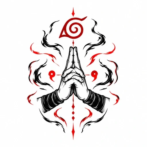 Black and red tattoo design of hands in chakra mudra beneath a spiral leaf symbol surrounded by tribal flames