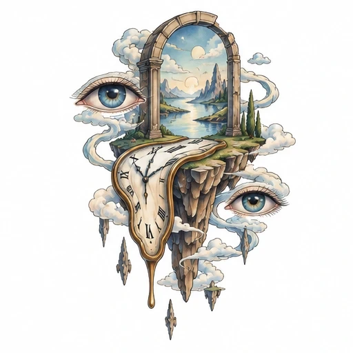 Surreal floating island with stone arch, mountain landscape, melting clock and two floating blue eyes surrounded by clouds.