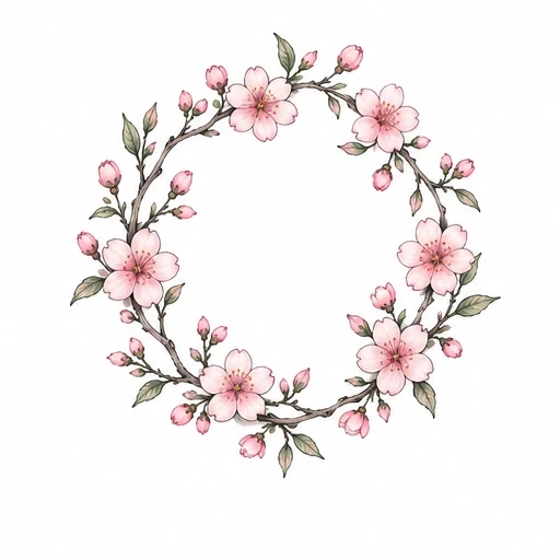 Cherry blossom wreath tattoo design with pink flowers and green leaves in a circular arrangement