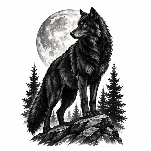 Black wolf standing on rocky ledge with full moon and pine trees in the background in grayscale.