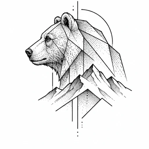 Black ink tattoo design of a bear head with geometric body and mountains beneath, framed by vertical and curved line accents.