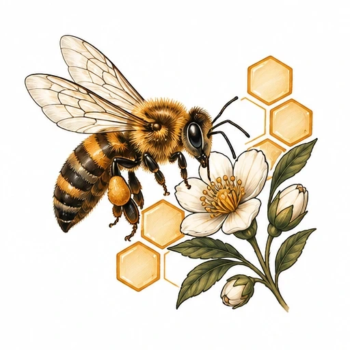 Realistic honey bee drinking nectar from white flower with honeycomb hexagons behind