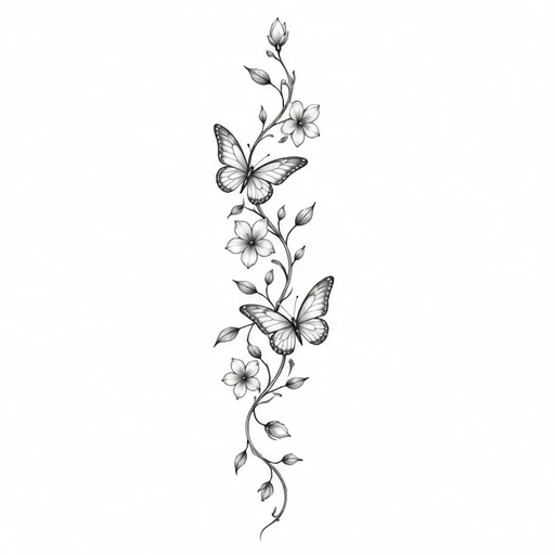 Vertical black and gray fine line tattoo art of flowers and butterflies arranged for spine placement.