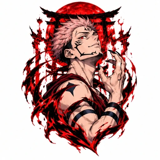 Jujutsu Kaisen Sukuna with red flames and torii gate
