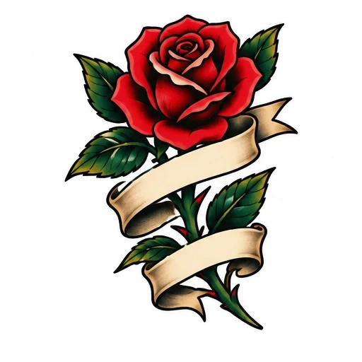 Traditional tattoo design of red rose with green leaves and a beige banner wrapped around stem