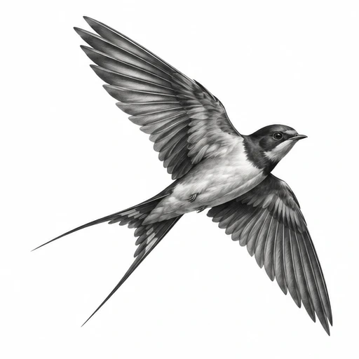 Black and grey realistic tattoo design of a flying swallow with outstretched wings and long tail feathers