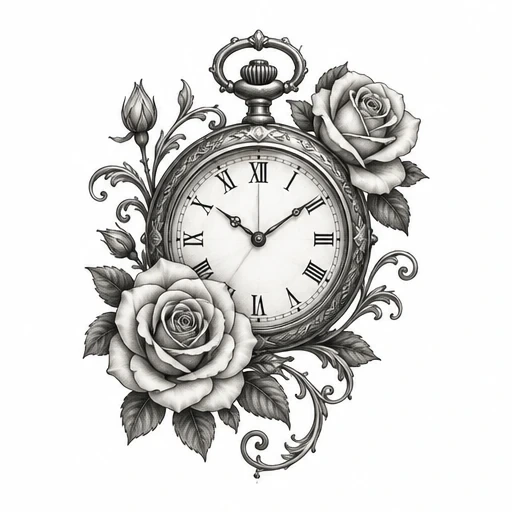Black and gray tattoo design of a vintage pocket watch surrounded by two roses, a rosebud, and swirling leaves with Roman numerals on its face.
