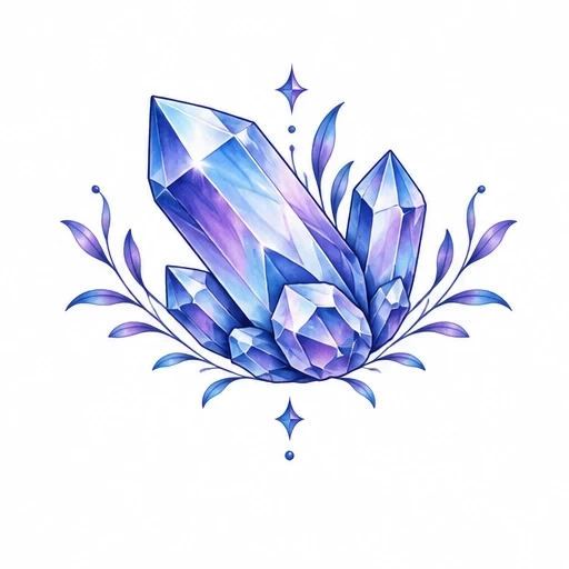Blue and purple crystal cluster with leaves and star sparkles tattoo design