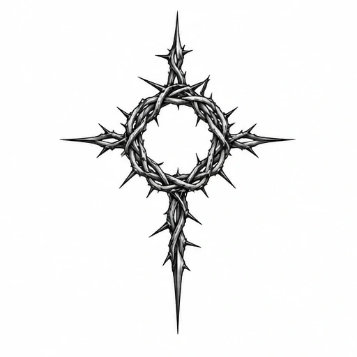 Black and grey crown of thorns tattoo forming a cross with sharp pointed thorns extending outwards.