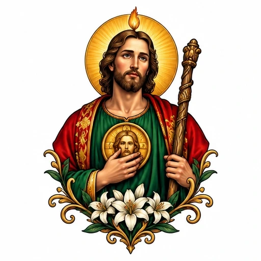 Tattoo image of San Judas with golden halo, robe, staff, sacred heart medallion, and white lilies floral frame