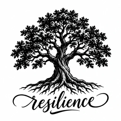 Black tattoo design of a detailed oak tree with spreading roots and branches above the word resilience in cursive script.