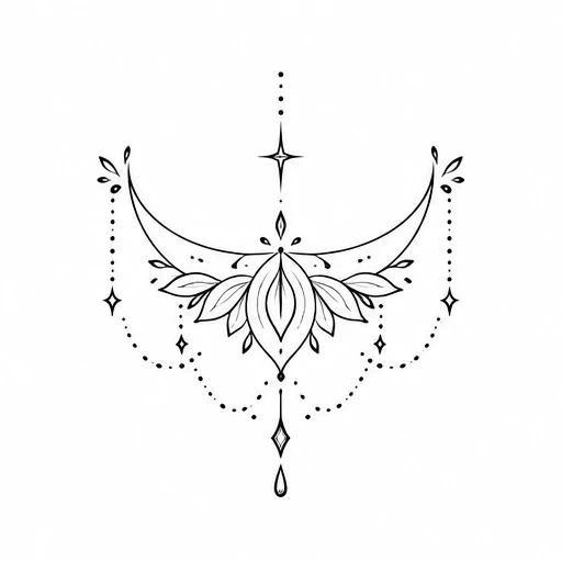 Fine line crescent moon tattoo with leaves, dots, and diamond stars