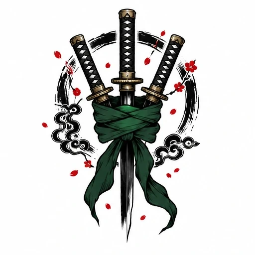 Three katanas tied together with a green ribbon, encircled by black brushstroke, red sakura blossoms, and black clouds.