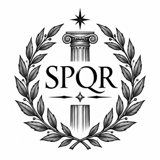 Black and gray tattoo design of SPQR letters with laurel wreath and classical columns