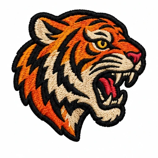 Patch-effect tattoo design of a roaring tiger head with orange, beige, black, yellow, and red colors