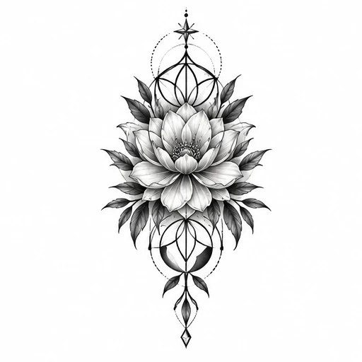 Black and grey shaded lotus flower with leaves and geometric sacred shapes in a vertical symmetrical design