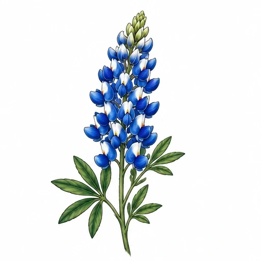 Illustration of a bluebonnet flower with blue petals and green leaves on a white background