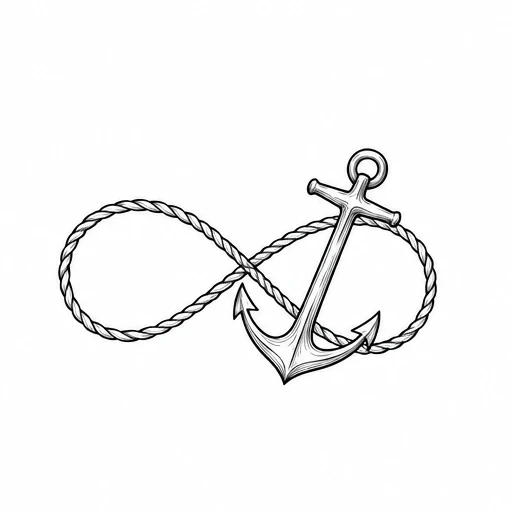 Black and white tattoo design of an anchor entwined with a rope in an infinity shape