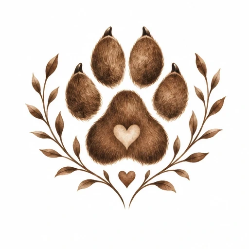 Brown realistic dog paw with hearts inside pads and leafy branches decor