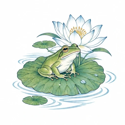 Green frog on lily pad with white lotus flower and water ripples