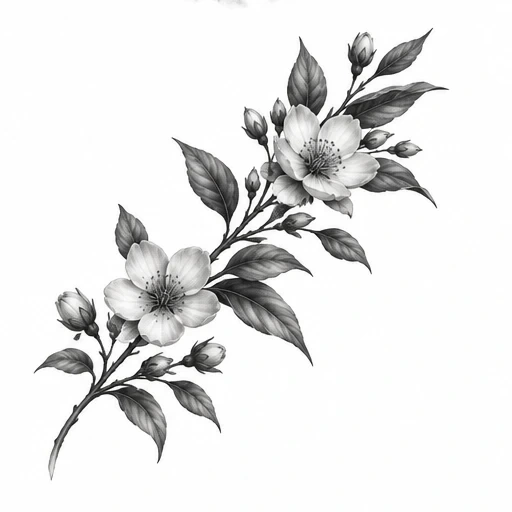 Black and grey tattoo design of a flowering branch with detailed leaves and two large blossoms.