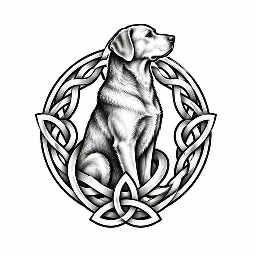 Black and gray tattoo design of a seated Labrador surrounded by a Celtic knot circle