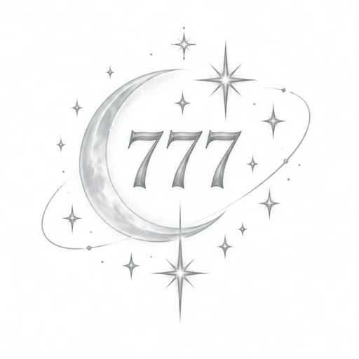 Tattoo design of crescent moon encircled by stars and orbit line with number 777 in the center.