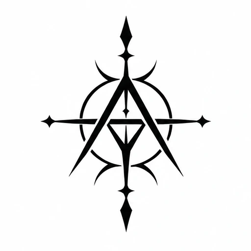 Black geometric sigil with a central 'A', partial circle, and pointed arrows in four directions