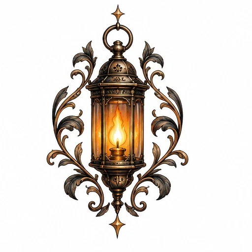 Vintage lantern with glowing flame surrounded by symmetrical curled leaf flourishes and star accents
