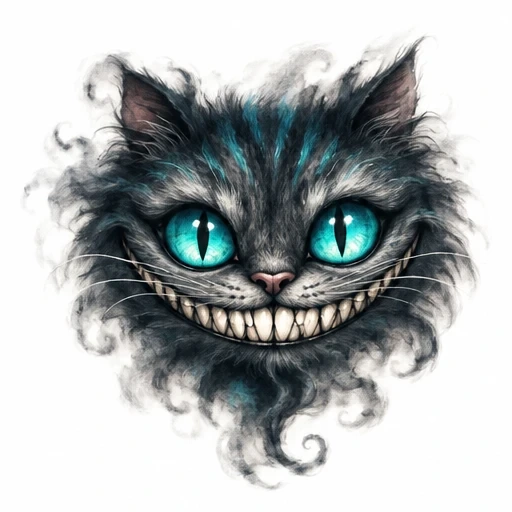 Cheshire Cat face with glowing cyan eyes and wide grin surrounded by smoky fur
