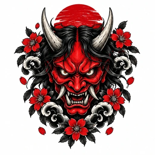 Red oni mask tattoo with black hair, white horns, surrounded by red flowers and black-and-white clouds with a red sun behind