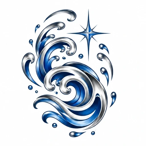 Chrome blue wave tattoo design with star and water droplets