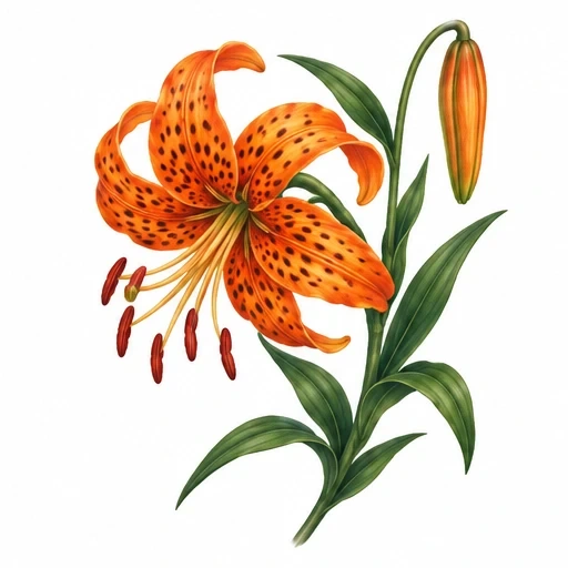 Realistic illustration of a blooming orange tiger lily and unopened bud with green leaves