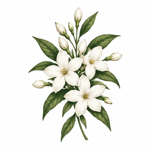 Illustration of a white jasmine flower bouquet with green leaves and unopened buds.