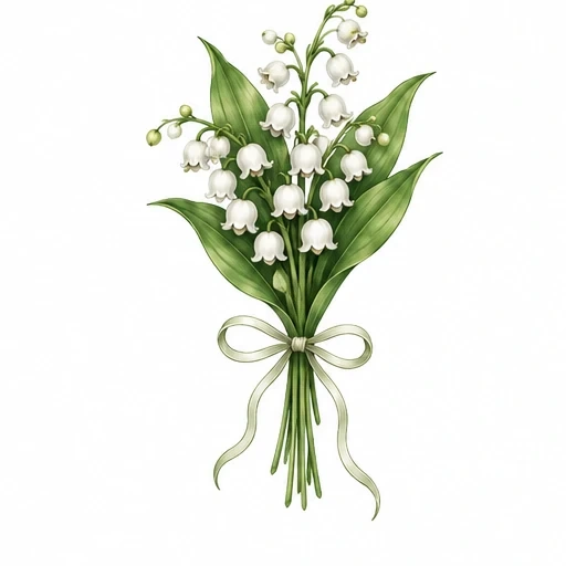 Illustration of lily of the valley bouquet with green leaves and white bell-shaped flowers tied with a pale green ribbon