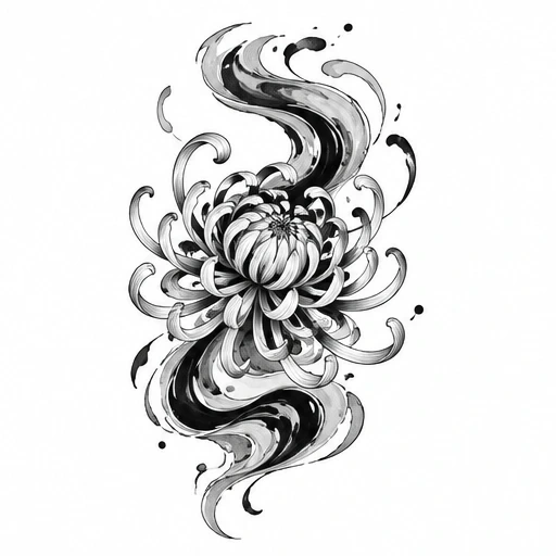 Black and gray chrysanthemum flower with flowing sumi ink waves surrounding it
