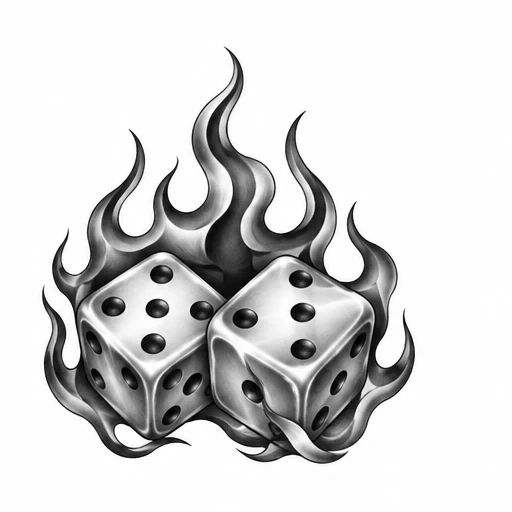 Black and gray tattoo design of two dice surrounded by stylized flames