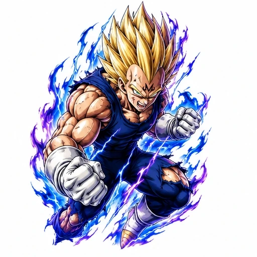 Majin Vegeta in Super Saiyan form with golden hair glowing blue aura and clenched fists in battle pose