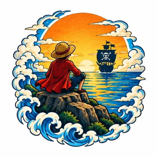 Monkey D. Luffy in straw hat and red shirt sitting on rocks overlooking the sea with the Thousand Sunny ship sailing at sunset, framed by stylized ocean waves.