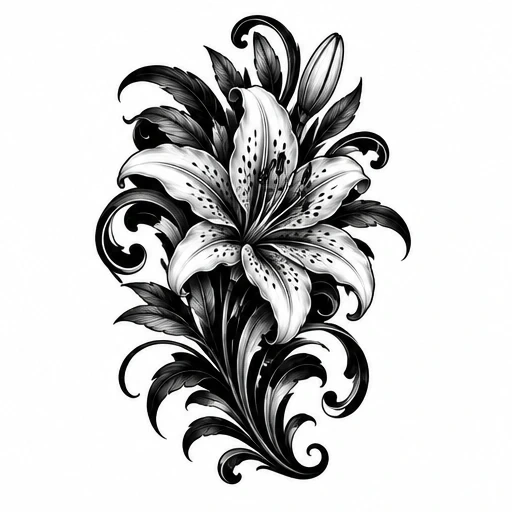Black and gray tattoo design of a lily flower with detailed petals and swirling leaves