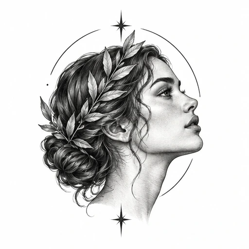 Black and gray fine line portrait of a woman in profile with laurel wreath in hair, surrounded by compass stars and circular arc.
