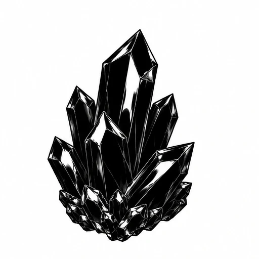 Black ink tattoo design of a cluster of pointed obsidian crystals with reflective highlights