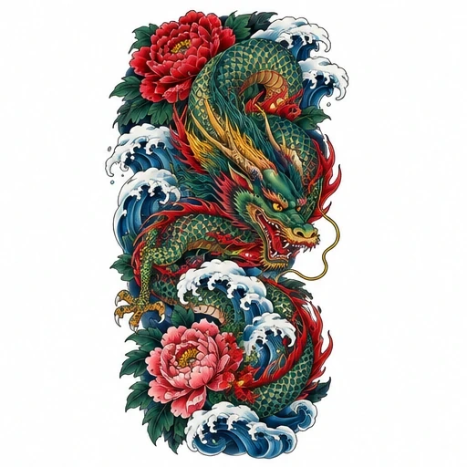 Traditional Japanese dragon tattoo with green scales, red flames, ocean waves, and red and pink peonies